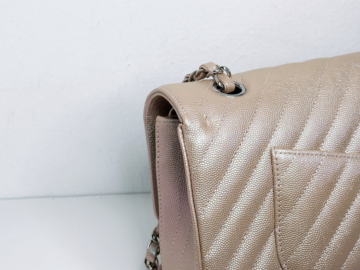 Chanel Medium Classic Chevron Caviar Double Flap Rose Gold SHW 24769 holo card