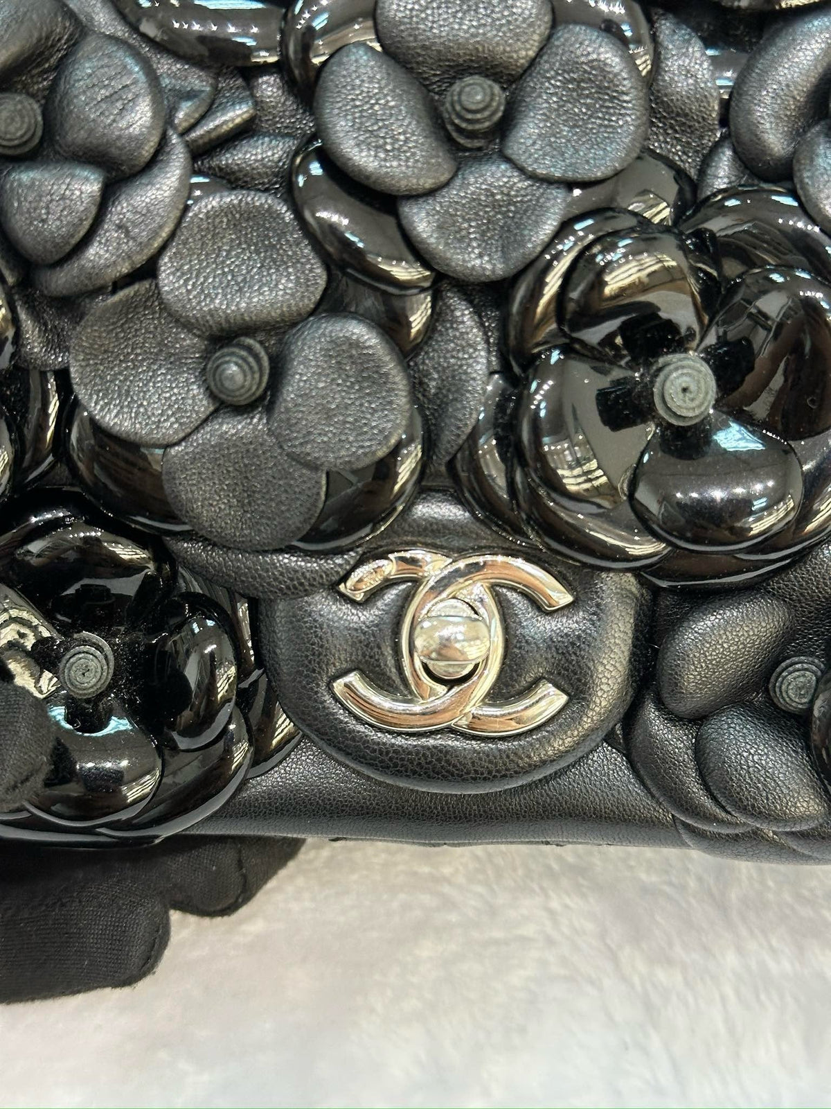 Chanel Mini Limited Edition Black Camellia  Lambskin Flap Bag
