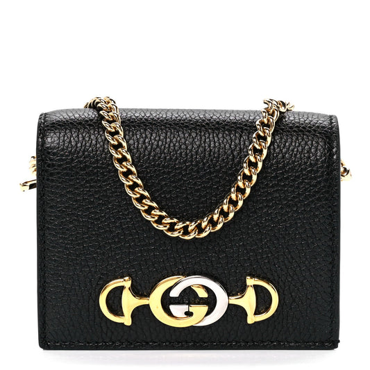 Gucci Zumi GG Black Leather Gold Chain Bi-Fold Mini Wallet