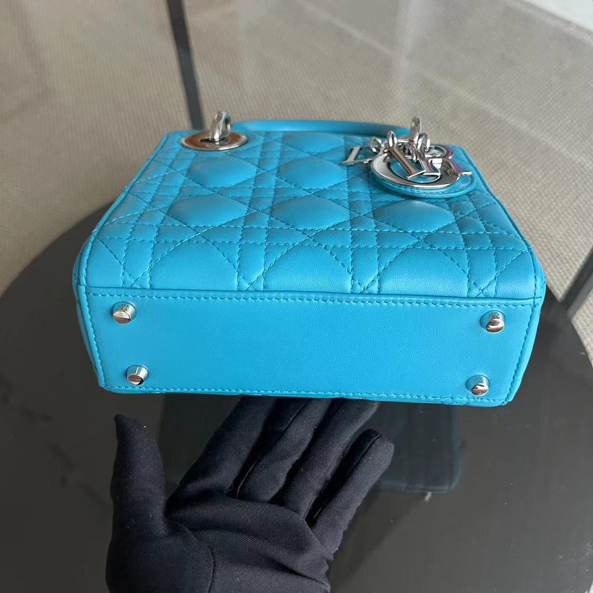 Balance of Lady Mini Cannage Lambskin Cyan Blue Silver Hardware