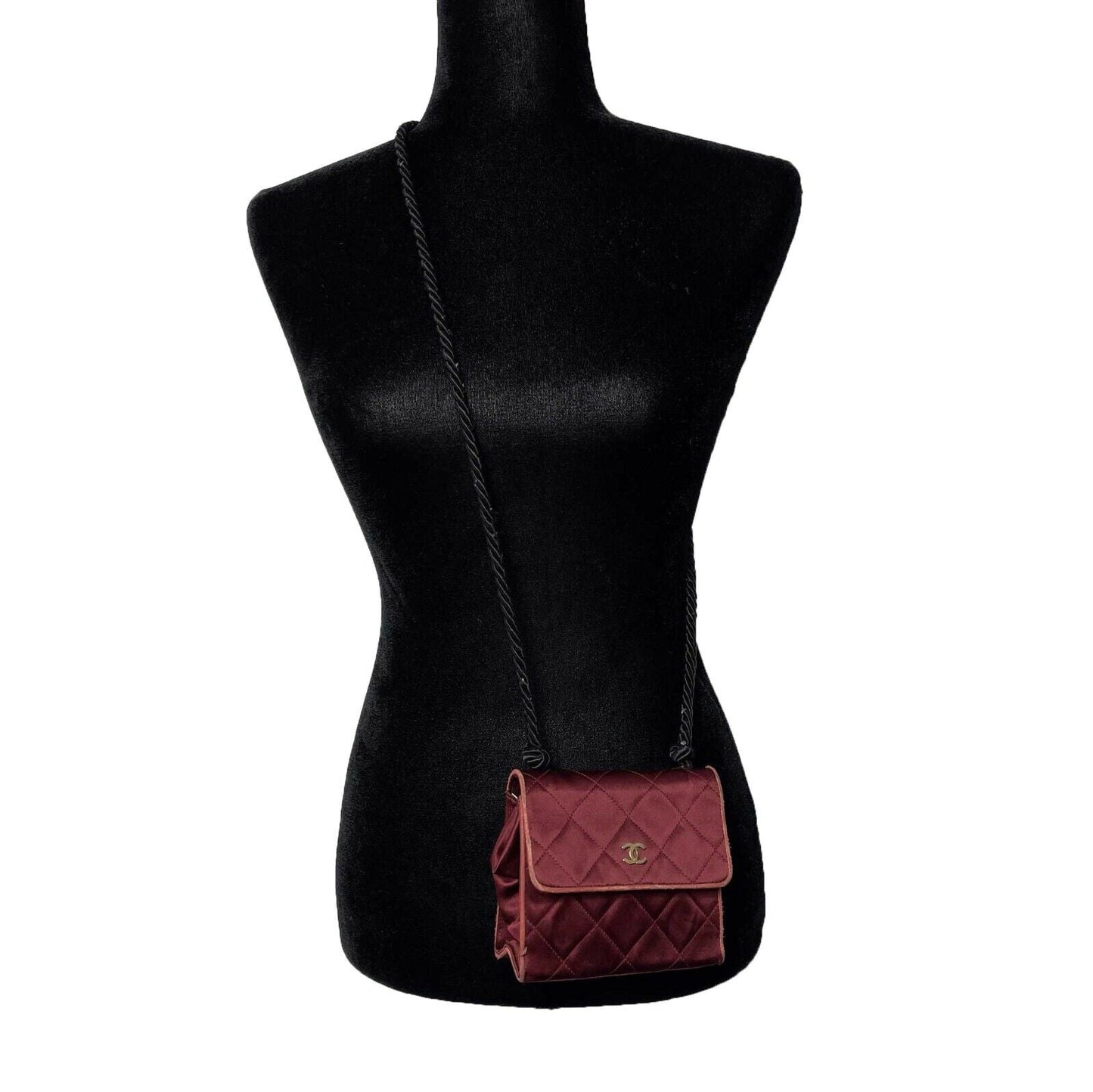 CHANEL - Vintage Mini Satin Quilted Rope Shoulder Crossbody - Burgundy / Black