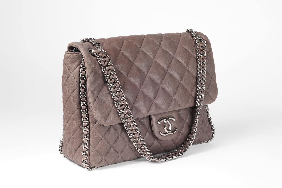 Chanel Taupe Gray Washed Lambskin Chain Around Luxe Flap Bag with Silver Hardware