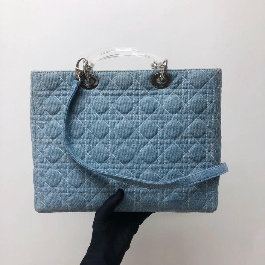 Lady Dior Large Vintage Denim Quilted Cannage tote with strap and acrylic handle GHW