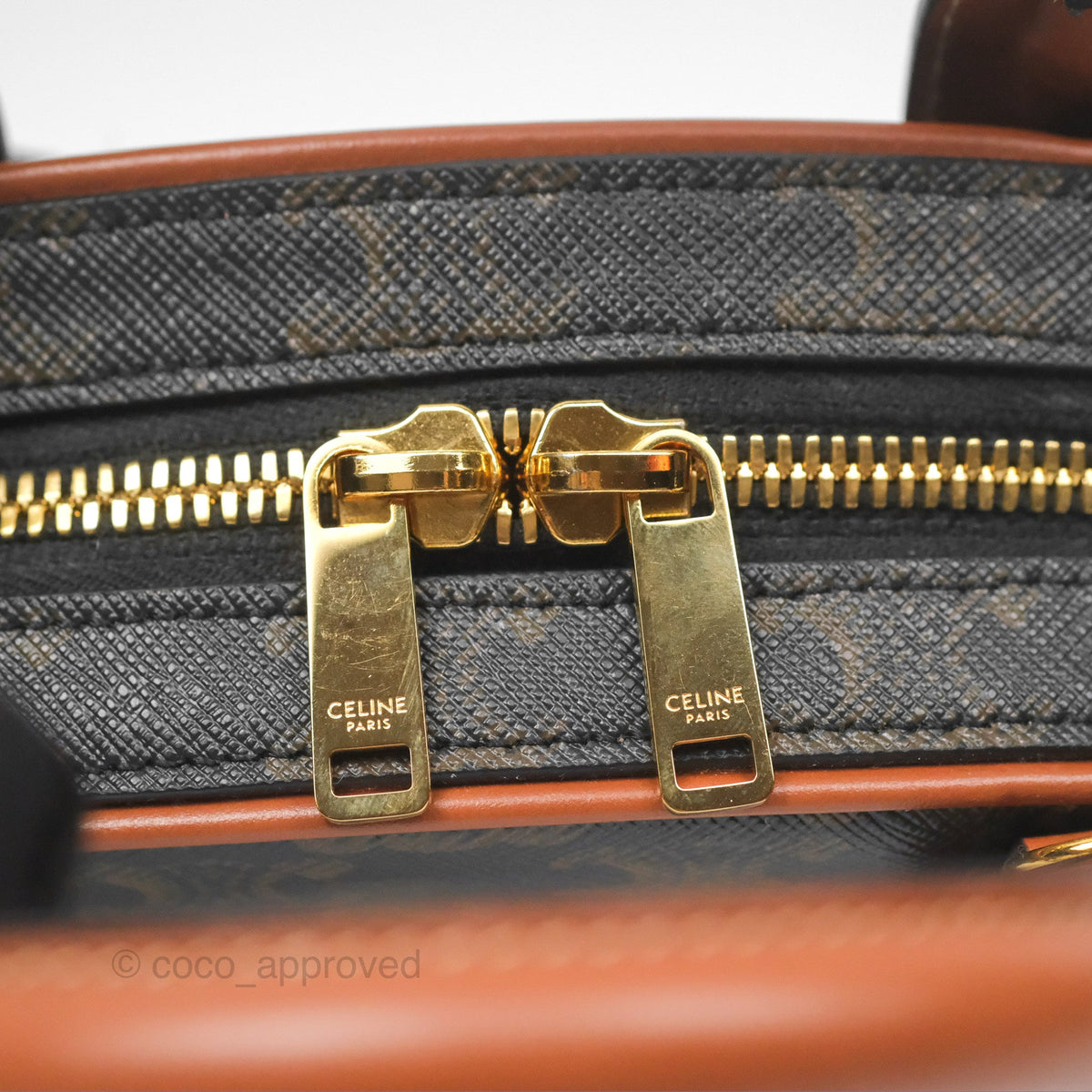 Celine Mini Bowling Bag Triomphe Canvas Tan Calfskin