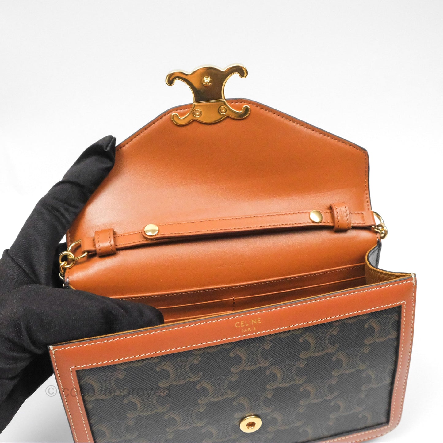 Celine Triomphe Wallet On Chain Canvas Tan Calfskin