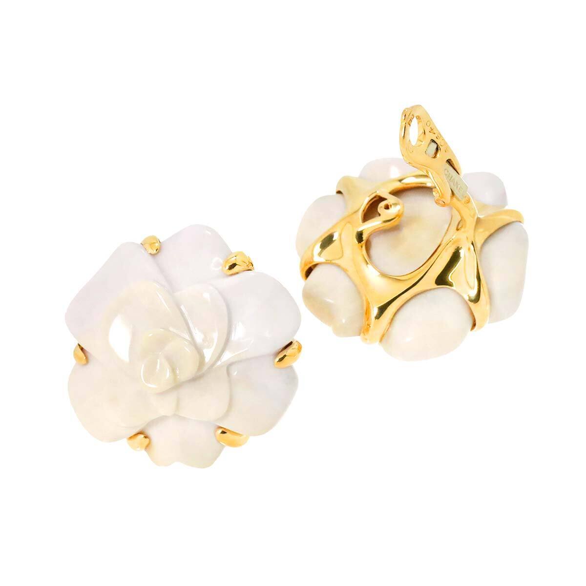 CHANEL Camelia Cacholong Earrings Clip on 18K Yellow Gold 750 90266369