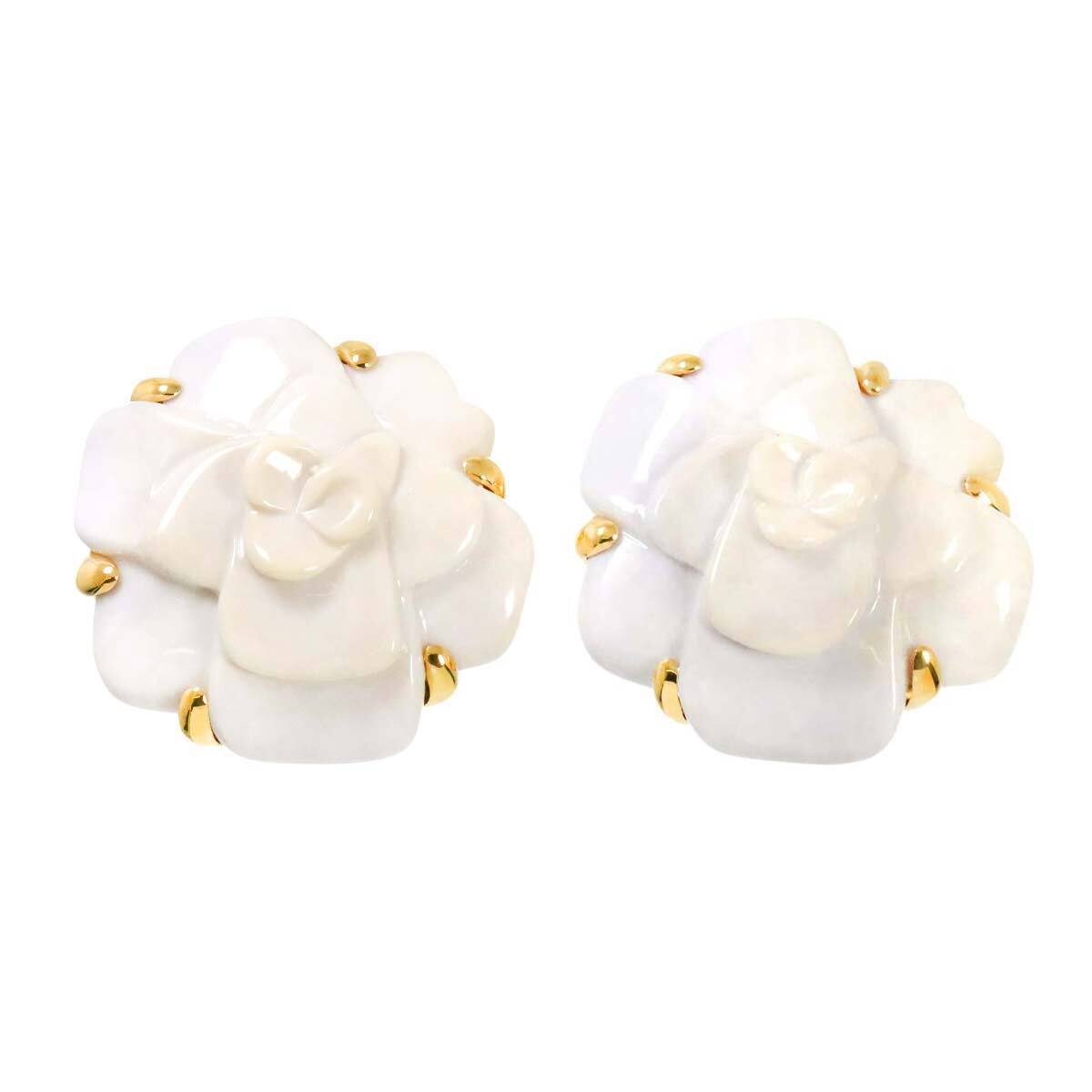 CHANEL Camelia Cacholong Earrings Clip on 18K Yellow Gold 750 90266369