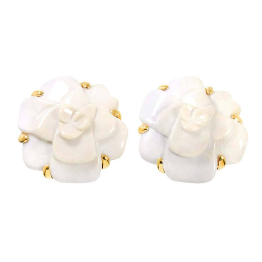 CHANEL Camelia Cacholong Earrings Clip on 18K Yellow Gold 750 90266369