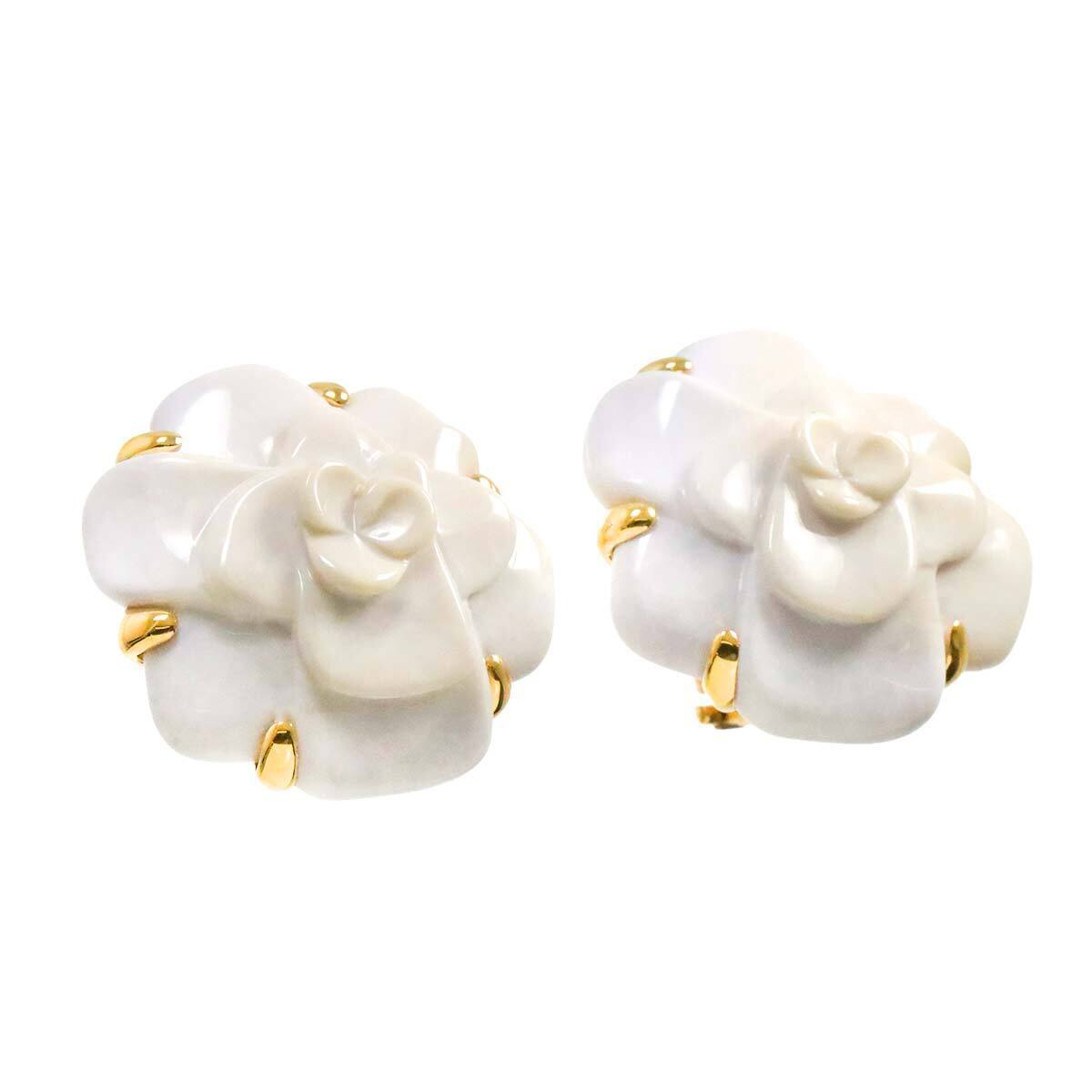 CHANEL Camelia Cacholong Earrings Clip on 18K Yellow Gold 750 90266369