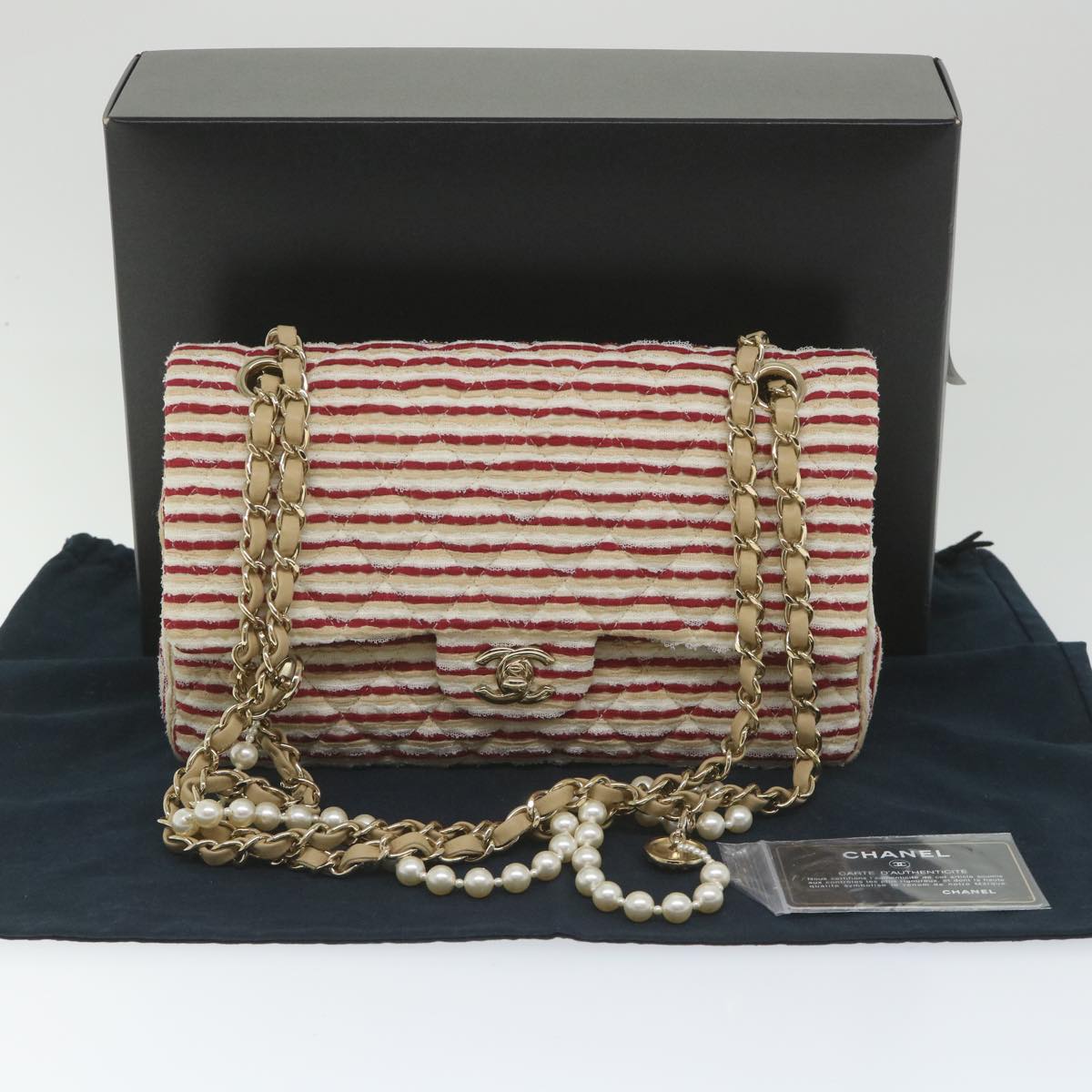 CHANEL Quilted Matelasse Chain Shoulder Bag Canvas Red Beige Cc Auth 58343s