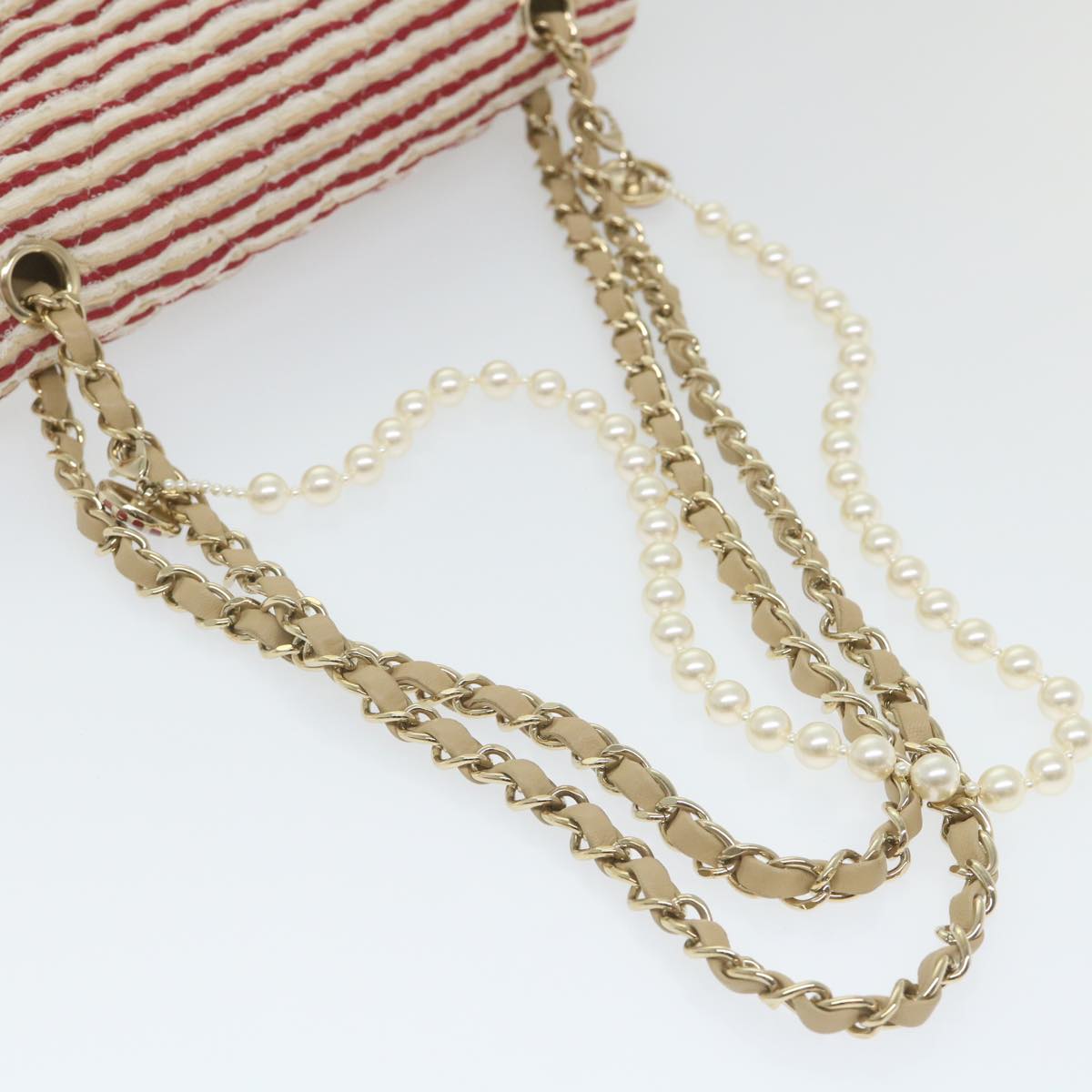 CHANEL Quilted Matelasse Chain Shoulder Bag Canvas Red Beige Cc Auth 58343s
