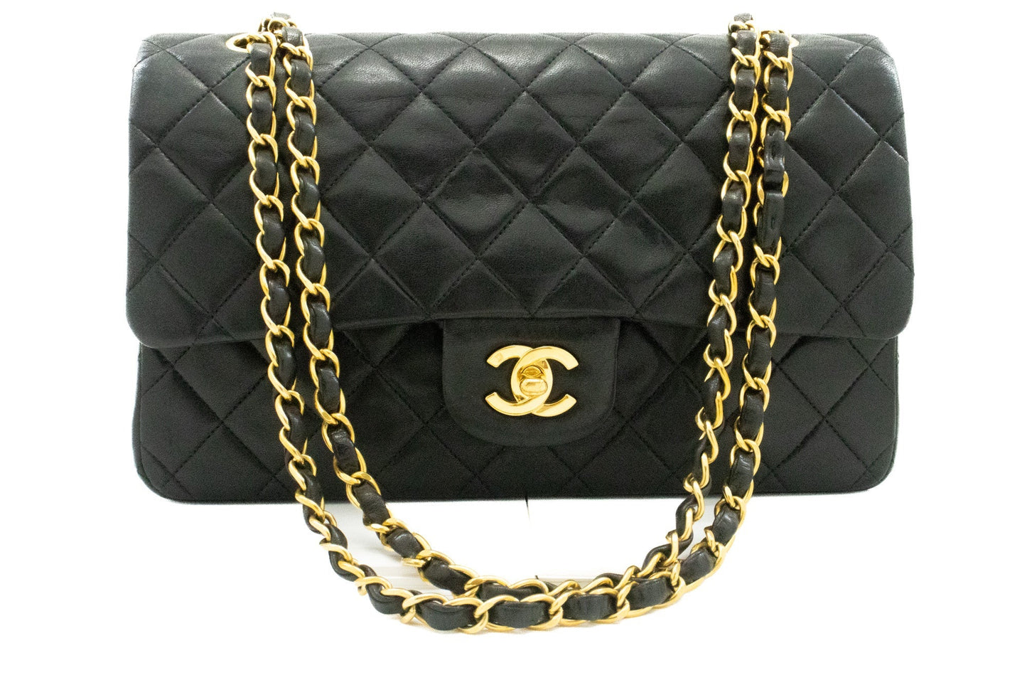 CHANEL Classic Double Flap 10" Chain Shoulder Bag Black Lambskin