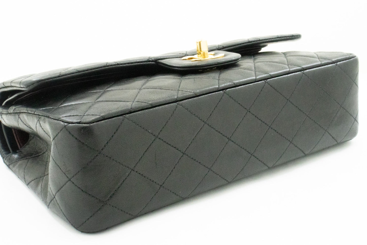 CHANEL Classic Double Flap 10" Chain Shoulder Bag Black Lambskin