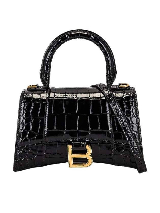 Luxury Balenciaga  Hourglass Crocodile Embossed Leather XS Tote Bag Black