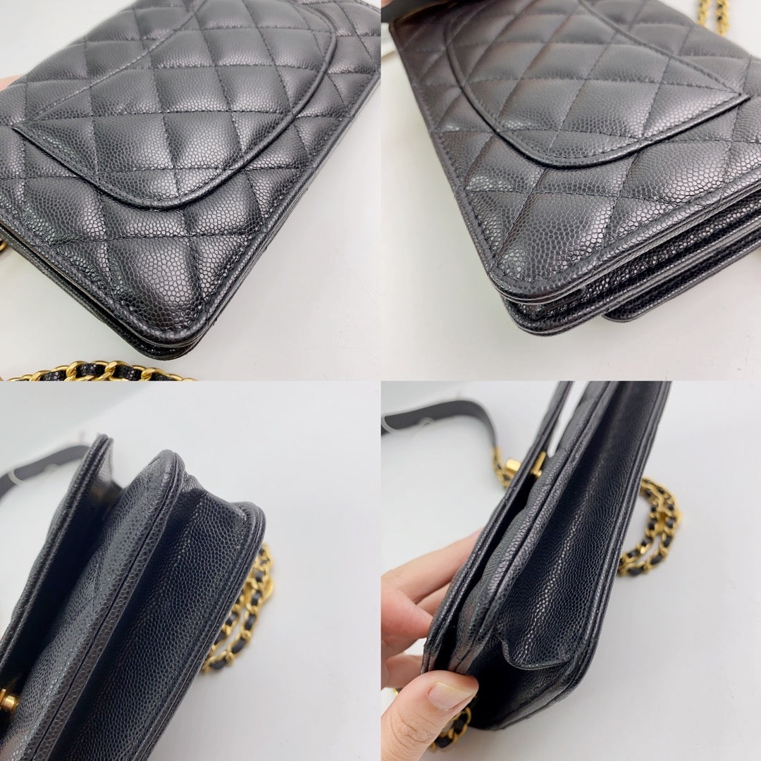 Rank A｜ CHANEL Matelasse Caviar Skin COCO Mark Coins Chain Wallet Black Gold Hardware ｜2302239