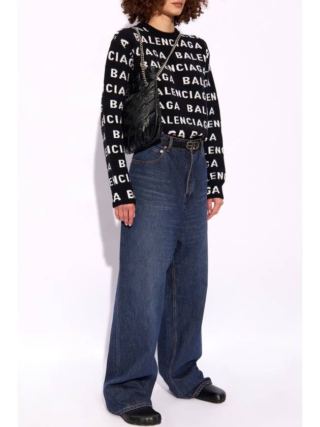 Luxury Balenciaga  Intarsia All-Over Logo Crew Neck Knit Top Black