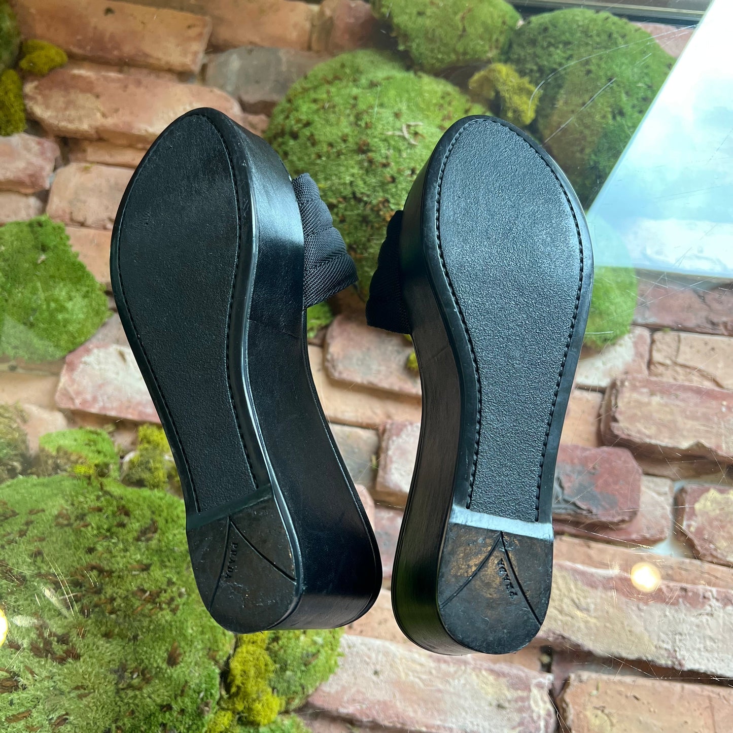 PRADA Black Leather and Canvas Sandals Wedges SZ37(7US)