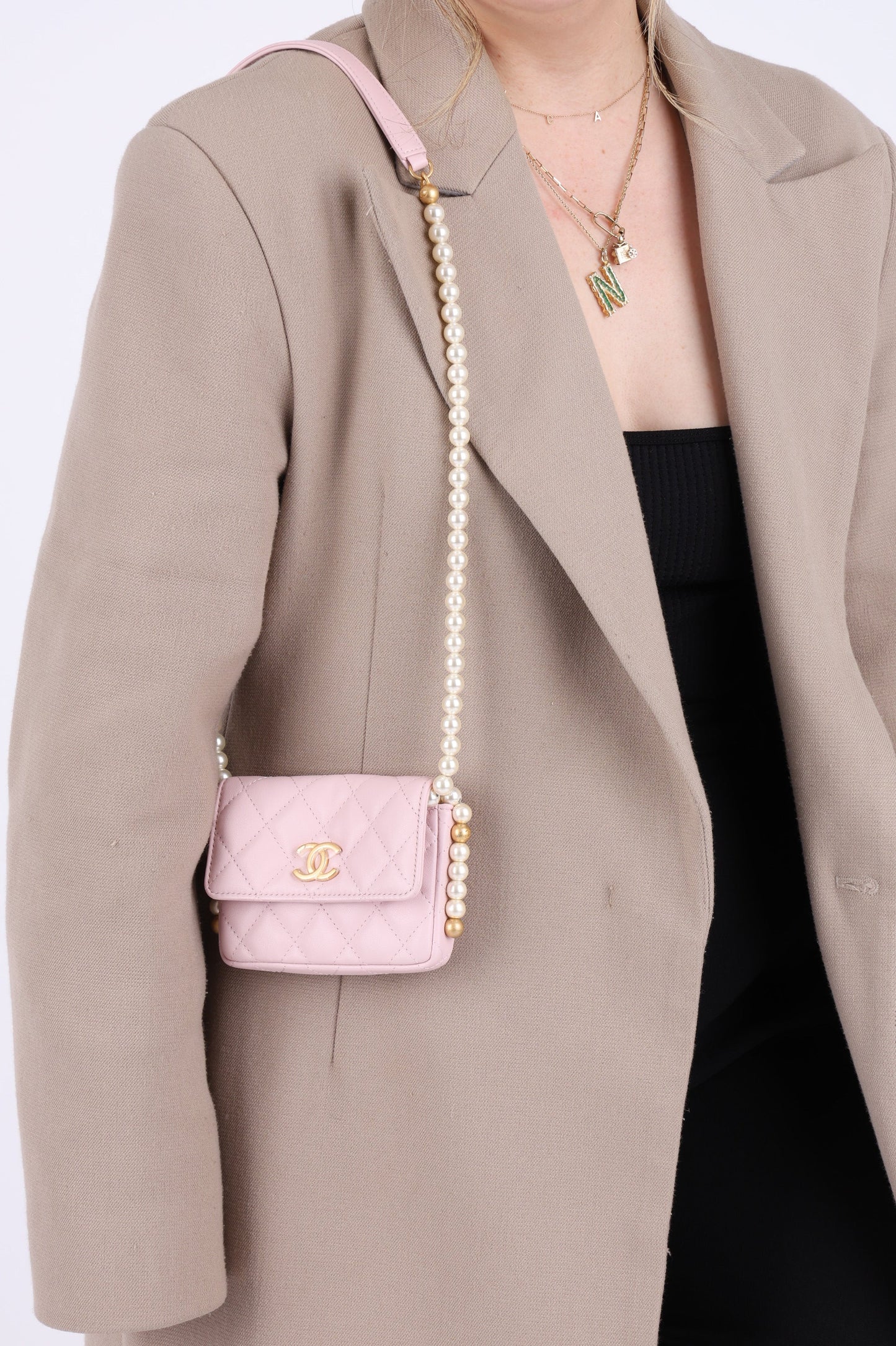 Chanel 21S Calfskin Pearl Wallet On Chain in Rose Clair