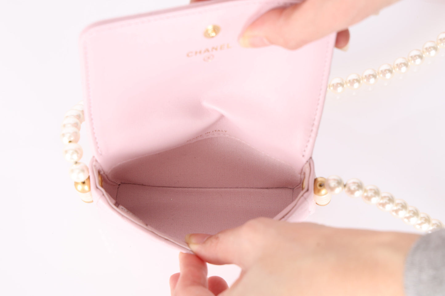 Chanel 21S Calfskin Pearl Wallet On Chain in Rose Clair