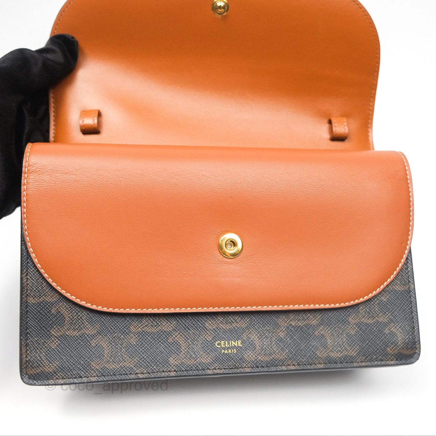 Celine Wallet On Strap Triomphe Canvas Tan Lambskin