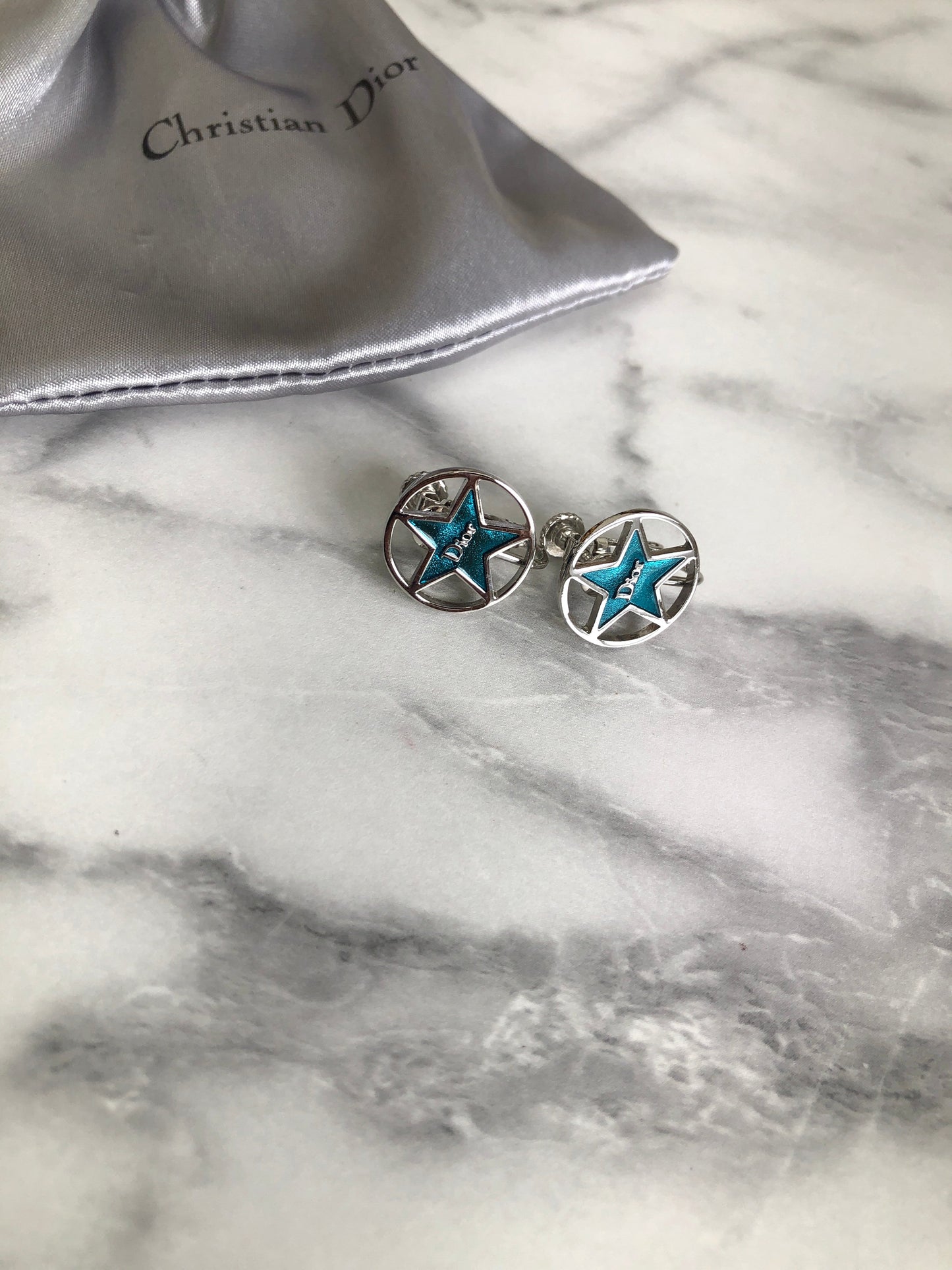 Christian Dior Logo Circle Star Earrings Silver Vintage fkd34r