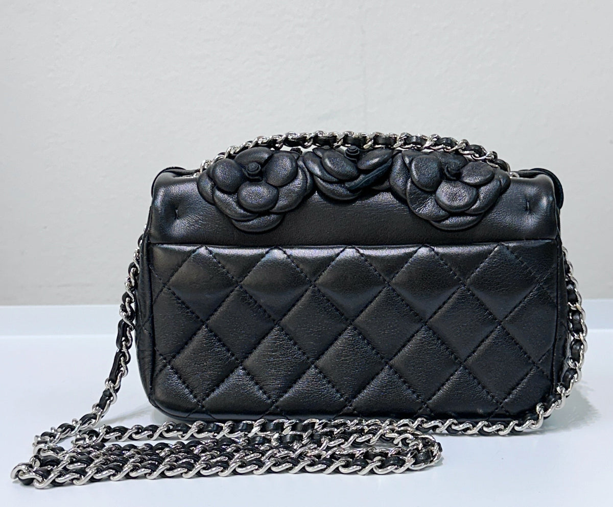Chanel Limited Edition Black Camellia Mini Flap Bag.