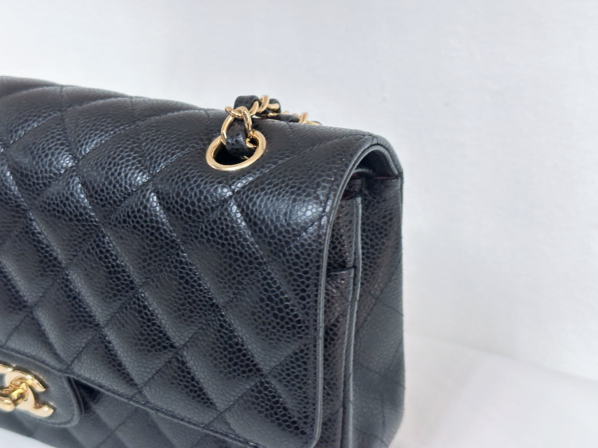 Chanel Medium Size Classic Quilted Caviar Double Flap Bag Black L9TX microchip