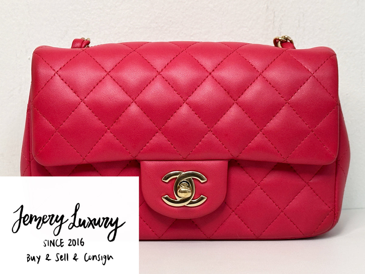 CHANEL Lambskin Quilted Mini Rectangular Flap Red 2491 holo card