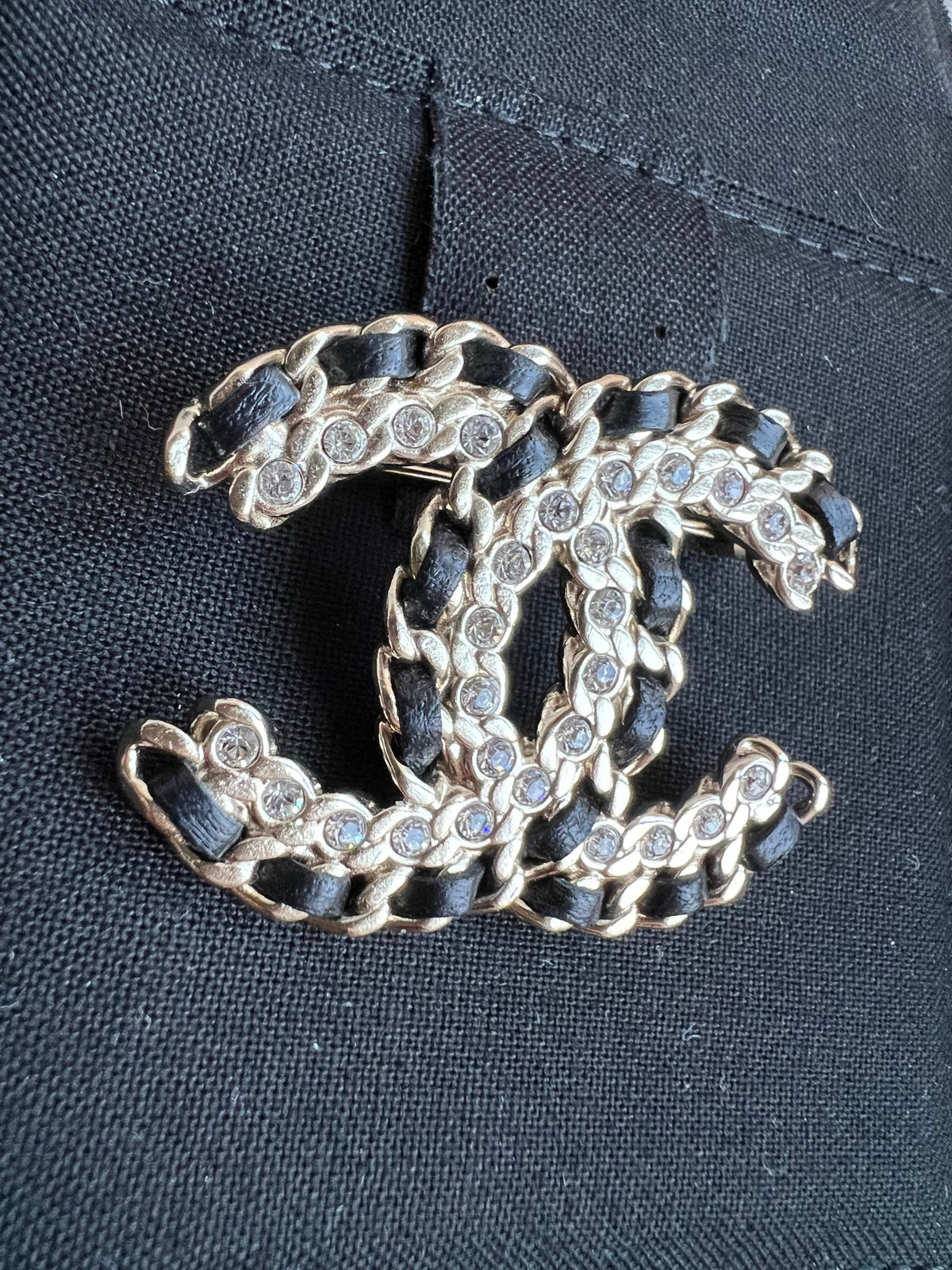 Chanel Leather Intwined & Crystal Encrusted CC Brooch