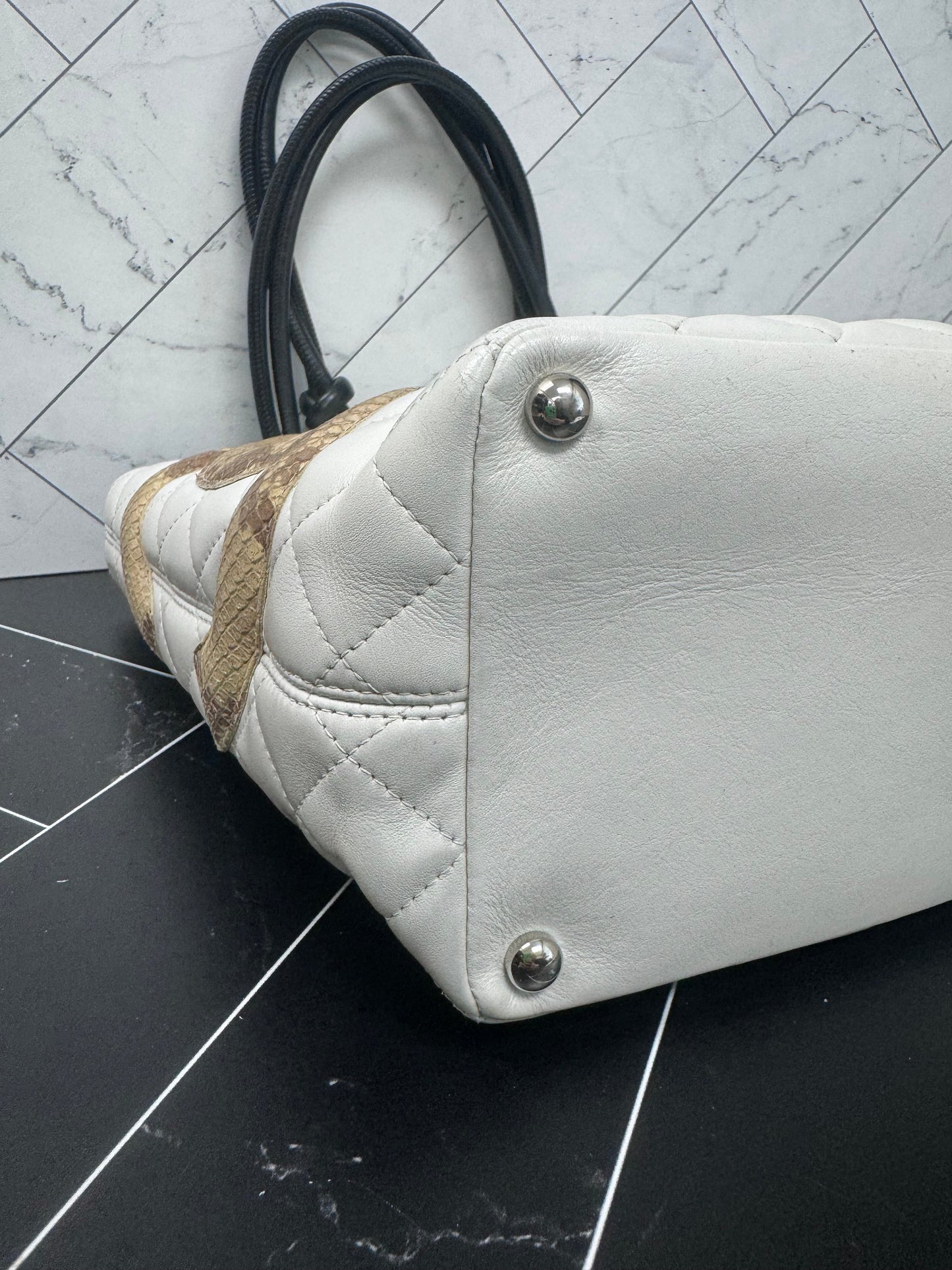 Chanel White Quilted Lambskin Python Medium Cambon Bucket Tote