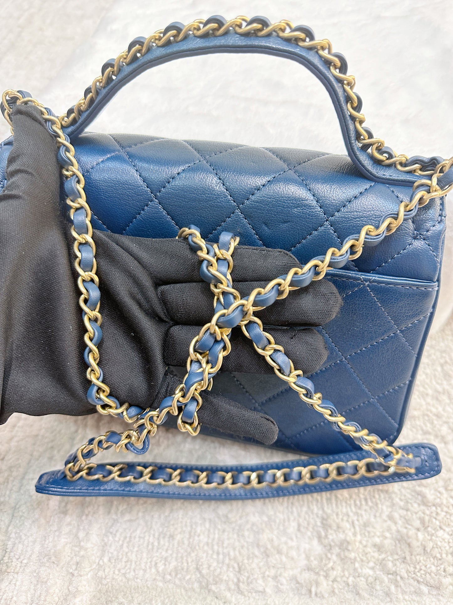 CHANEL Infinity Chain Quilted Leather Crossbody Bag Blue