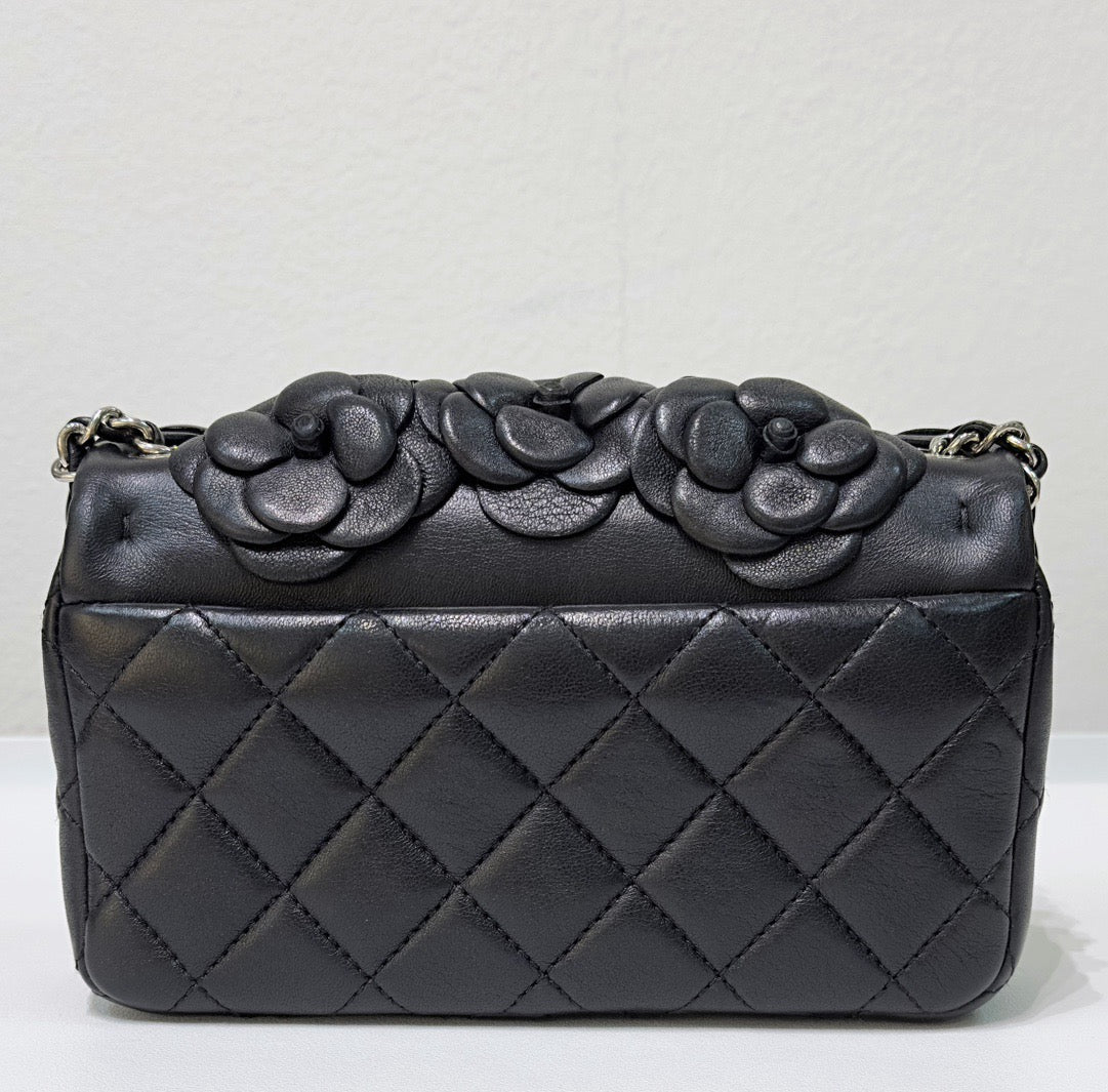 Chanel Mini Limited Edition Black Camellia  Lambskin Flap Bag