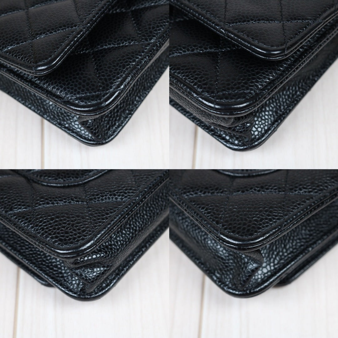 Very Good ( Rank A)｜ CHANEL Matelasse Caviar Skin Chain Wallet Black Gold Hardware Made in 2021-2022 Year ｜W24053101