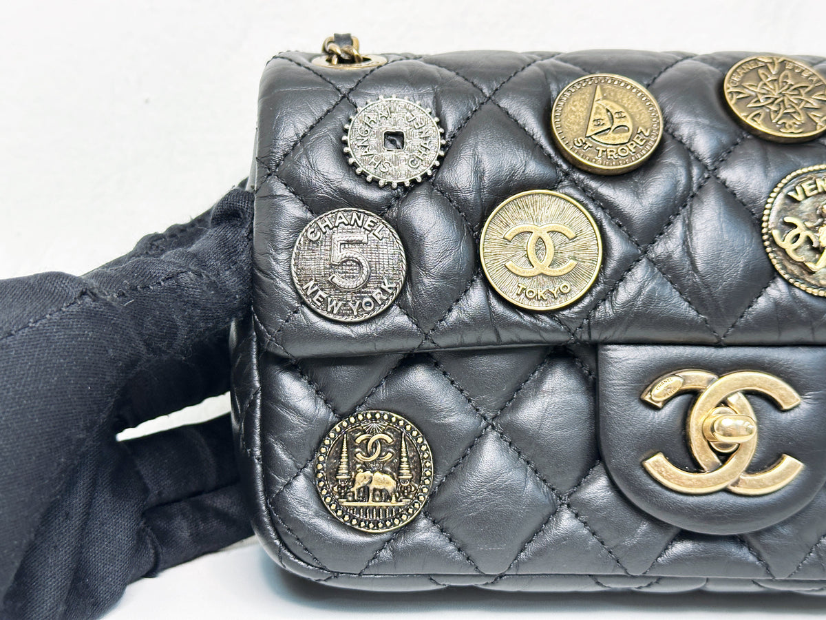 Chanel Mini Limited Edition Aged Calfskin Quilted Medallion Flap Black GHW 2063 holo card