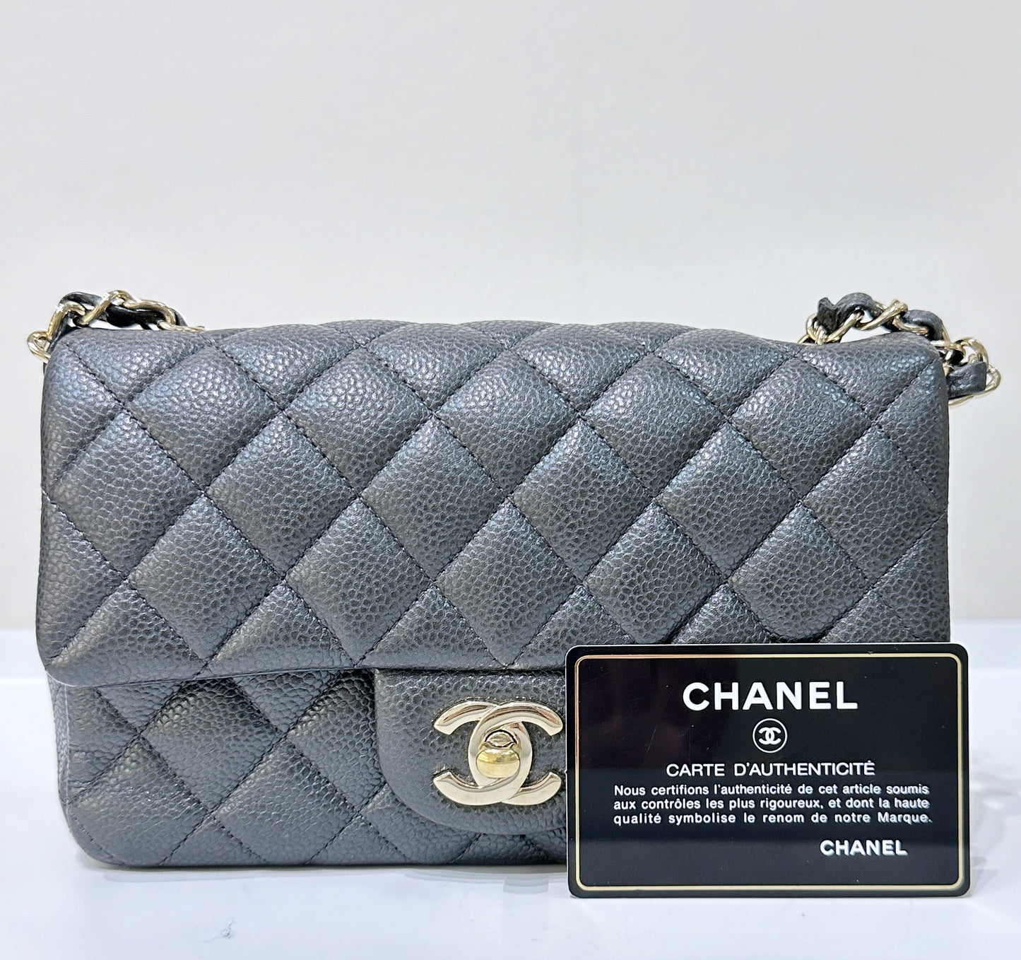 Chanel Classic Mini Rectangular 18S Dark Gray/Grey Quilted Caviar light gold hardware