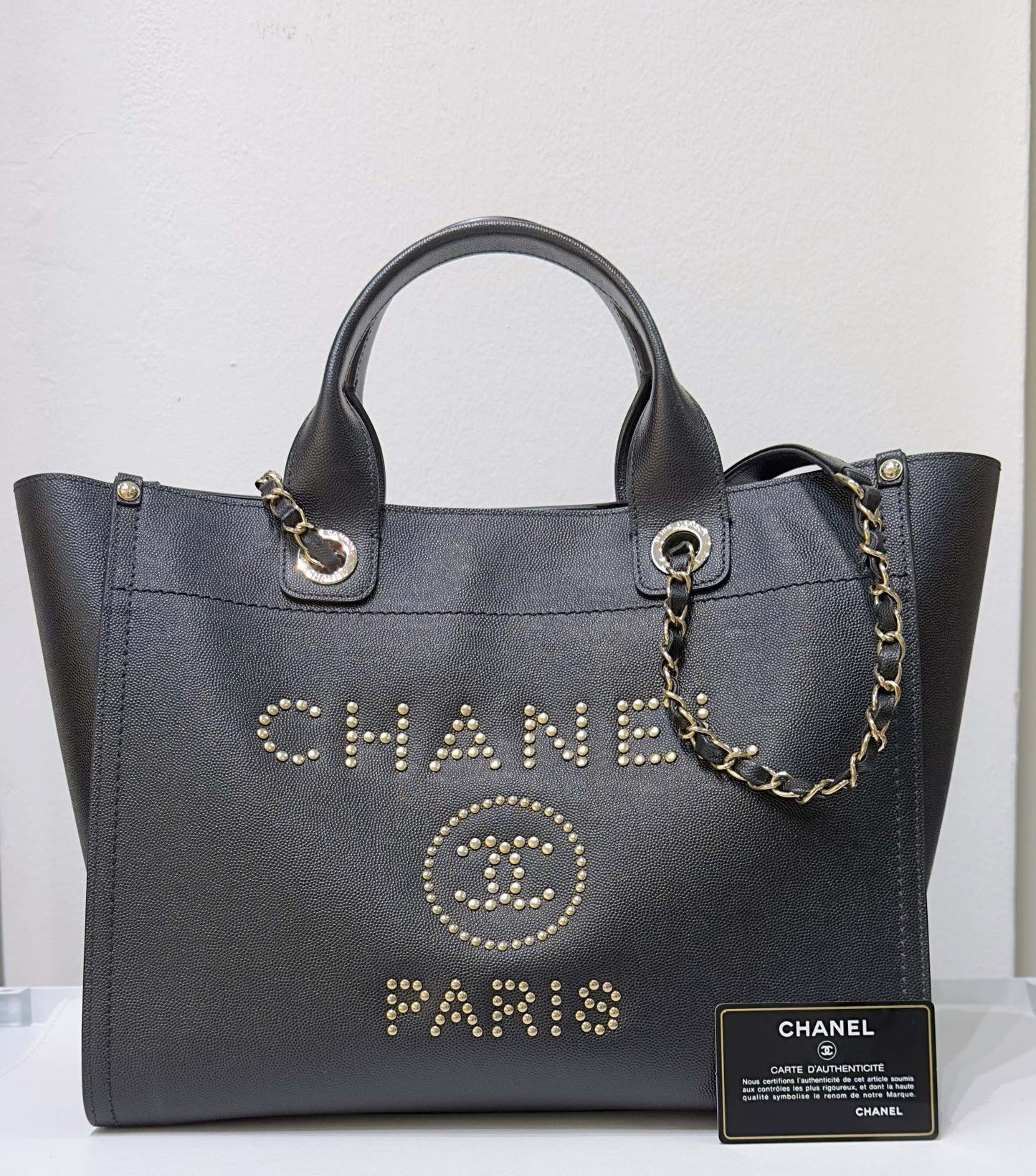 Chanel Small Deauville Caviar Tote Studded Black