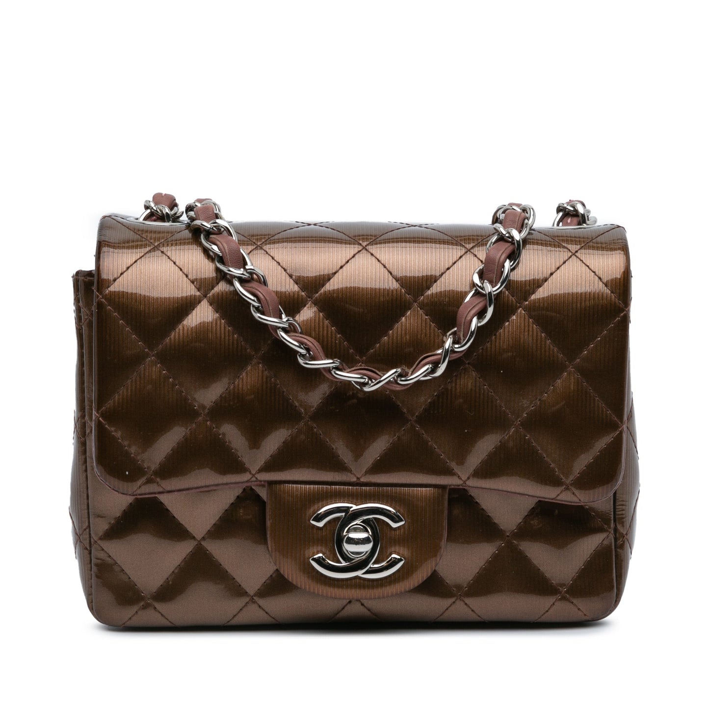 Brown Chanel Mini Square Classic Patent Single Flap Shoulder Bag