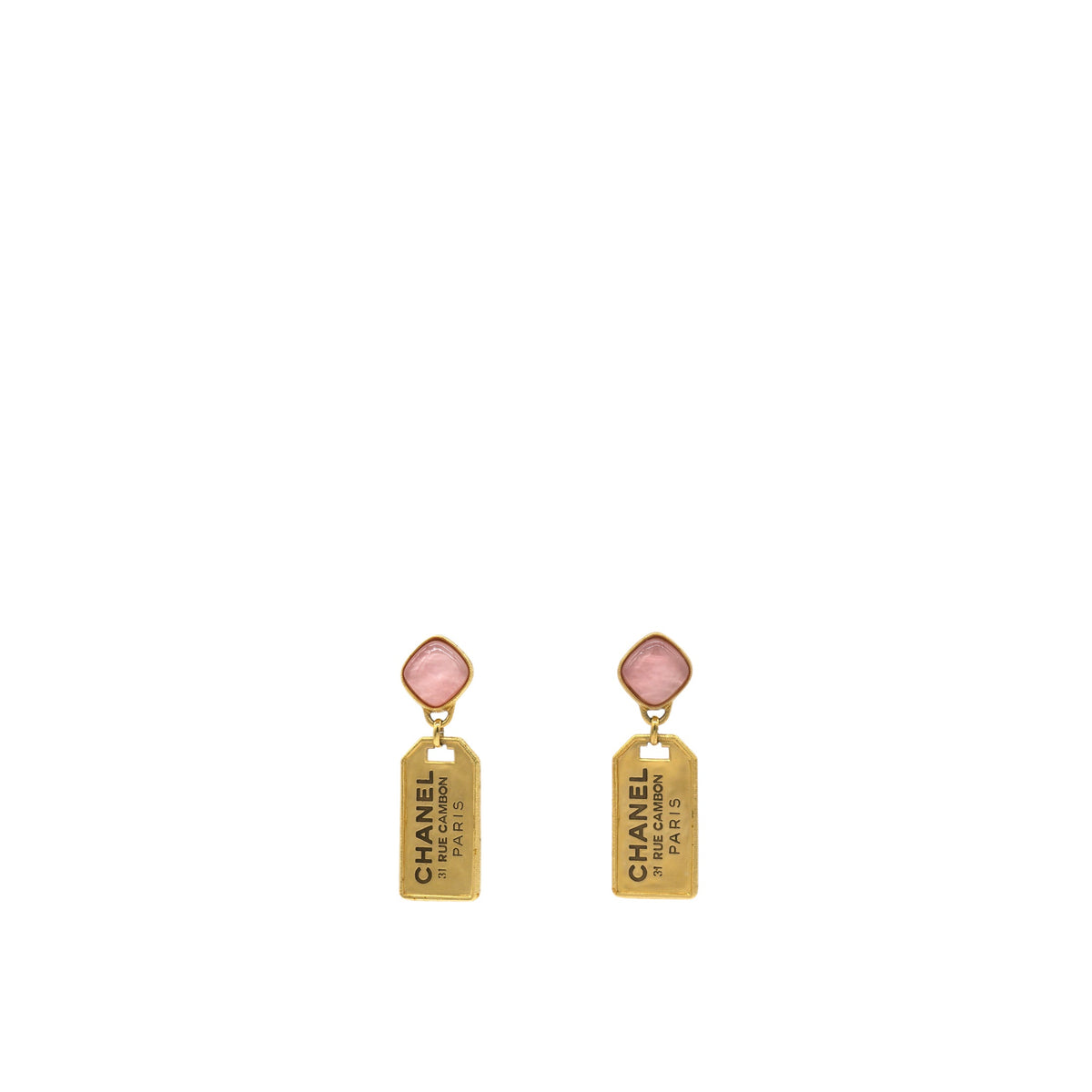 Chanel Pink Stone Badget CC Tags Drop Earrings Gold