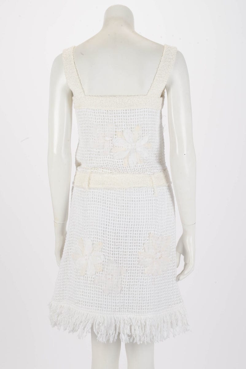 Chanel White Terry Cotton Floral Applique Dress FR 38