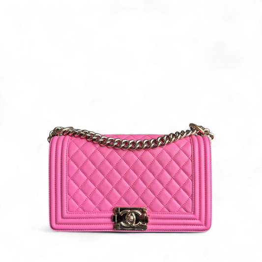 Chanel Boy Medium - Caflskin 25CM Quilted Pink Gold Hardware