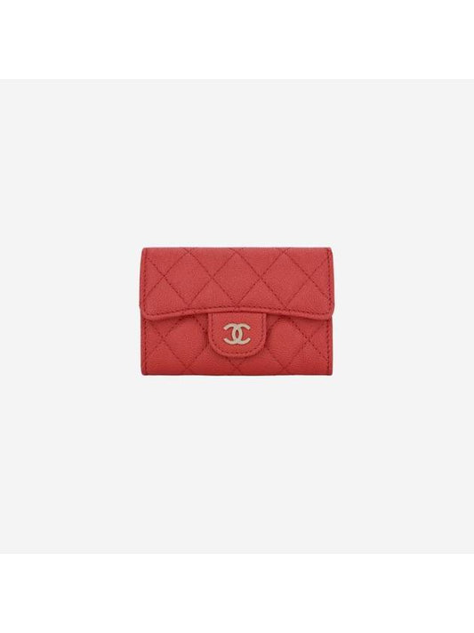 Classic Gold Logo Caviar Card Wallet Red Chanel