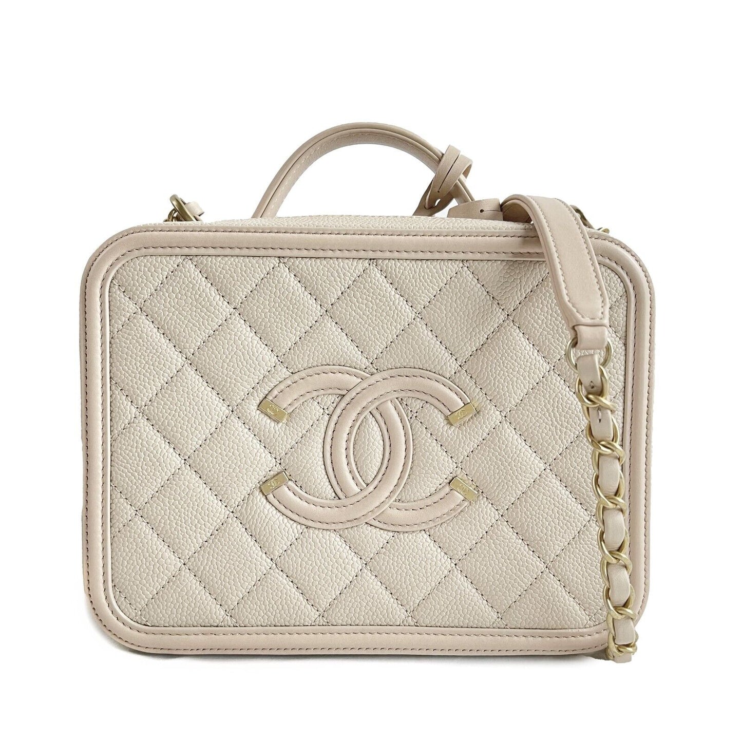 CHANEL Excellent CC Filigree Vanity Case Medium Pink Beige Crossbody Handbag