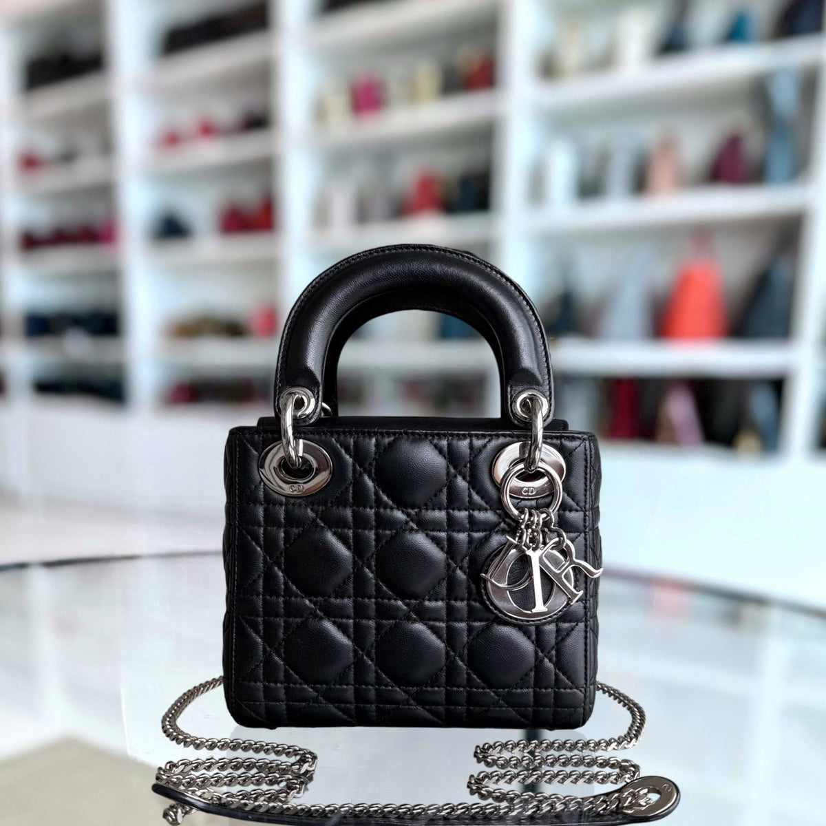 Dior Lady Mini - Cannage Lambskin Black Silver Hardware Chain Strap