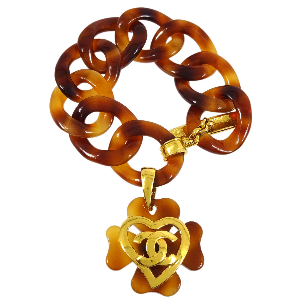 Chanel Heart Clover Chain Bracelet Brown 95P