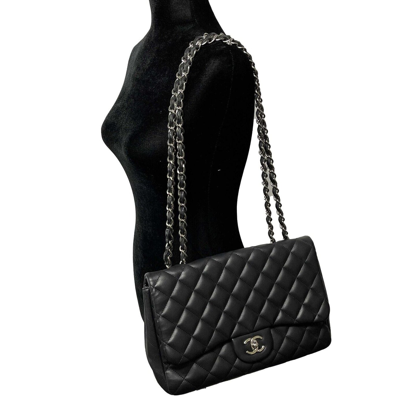 CHANEL - Jumbo Classic Flap CC Quilted Black Lambskin Shoulder Bag / Crossbody