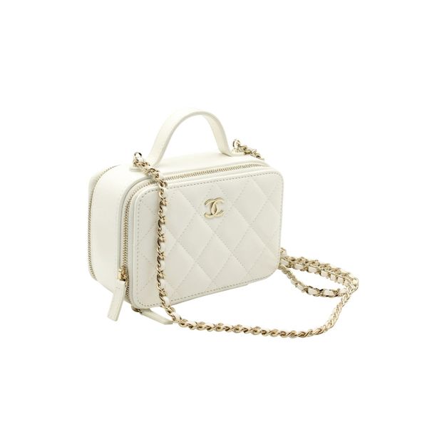 CHANEL Quilted Double Zip Small Vanity Case in White Shiny Lambskin Leather