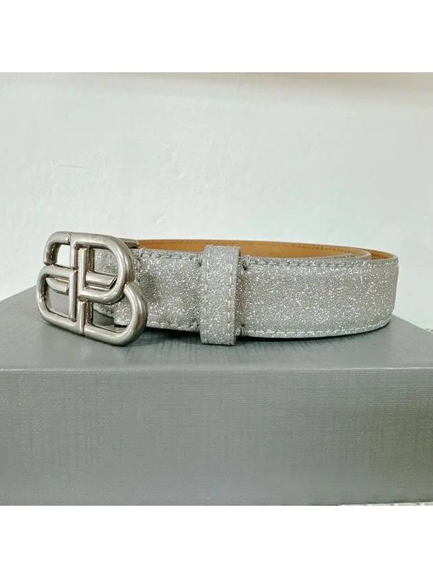 Luxury Balenciaga  BB Buckle Glitter Calf Leather Belt Silver