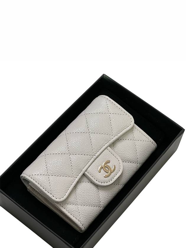Classic Gold Logo Grained Shiny Calfskin Card Wallet Light Grey Chanel