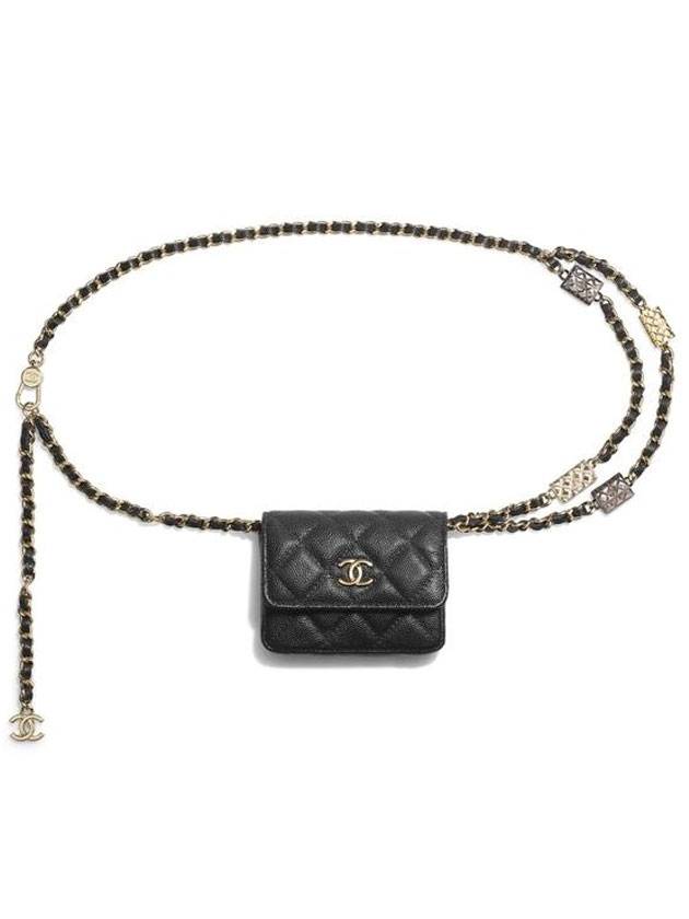 CC Logo Flap Chain Calfskin Card Wallet Black Chanel