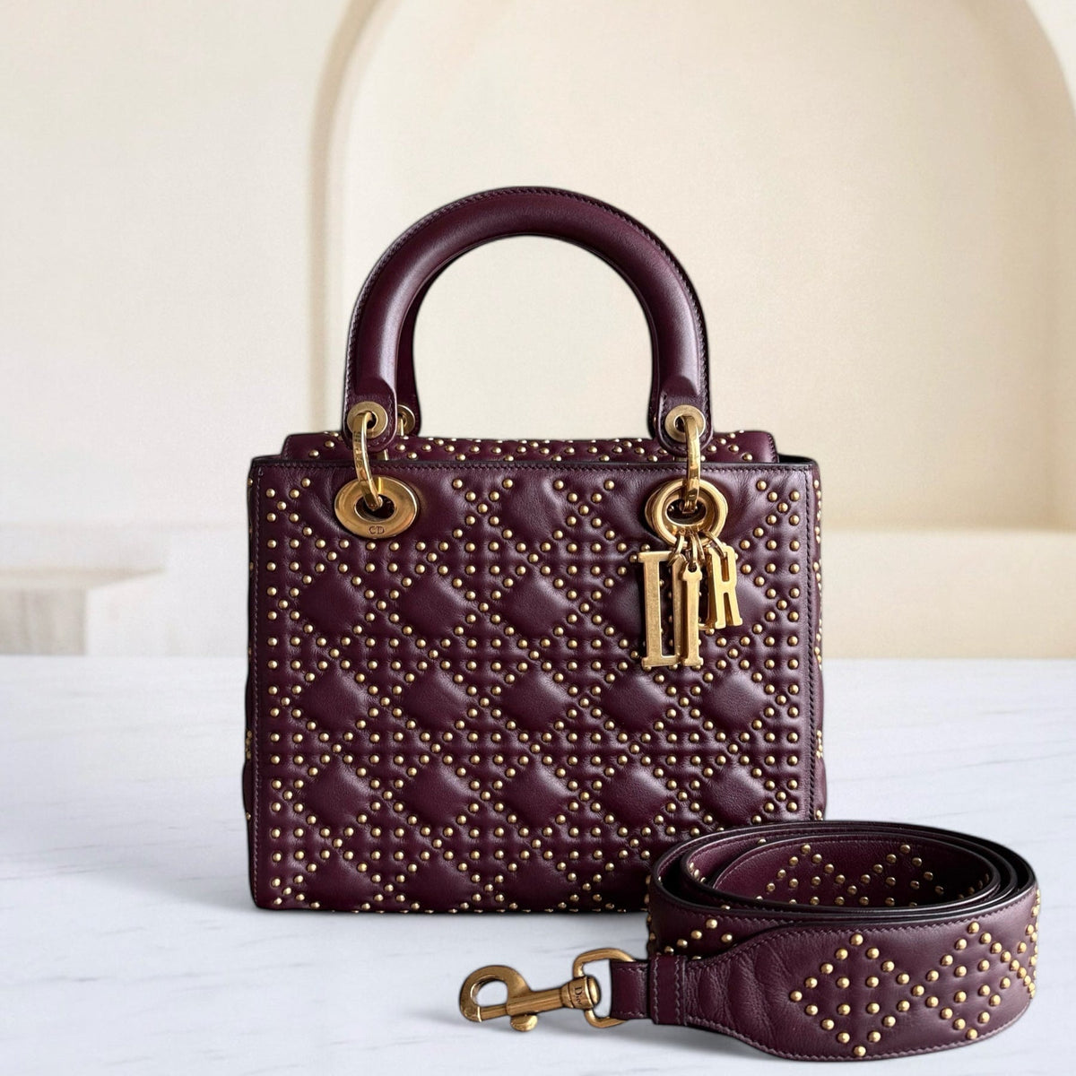 Dior Lady Medium Flap - Studded Cannage Calfskin Burgundy Red Gold Hardware